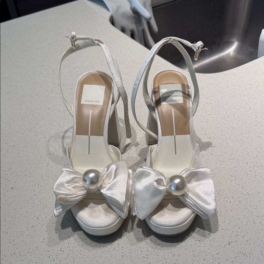 Dolce Vita White Satin Bow Platform Heels with Pearl Accent